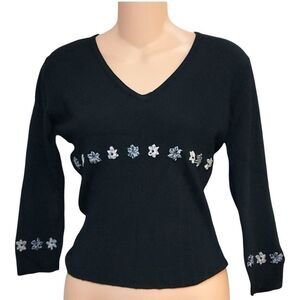 3/4 Sleeve Black V-Neck blouse with beaded ribbon